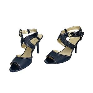 Tahari Lima Women Sz 6.5 Black Peep Toe Stiletto Heels Gold Buckle Ankle Strap